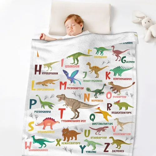Vista 3 de Manta del alfabeto de dinosaurio, manta de dinosaurio para niños y niñas, franela suave y acogedora, ligera y cálida, 30 x 40 pulgadas para bebés