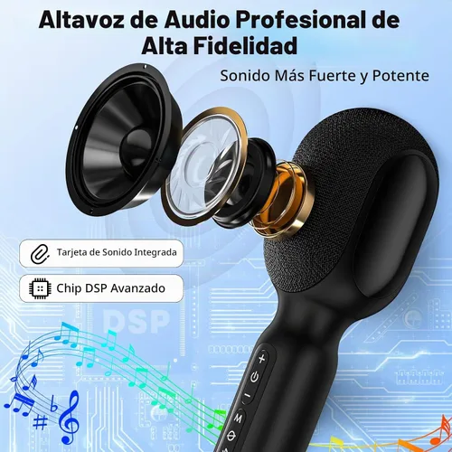Vista 2 de Micrófono inalámbrico Bluetooth para karaoke, micrófono portátil 5 en 1 con altavoz y luces RGB dinámicas, mini máquina de karaoke para viajes