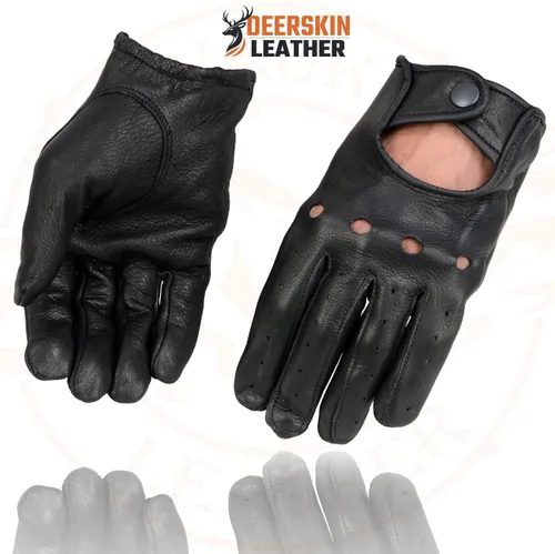 Vista 4 de Milwaukee Leather SH869 - Guantes de mano de motocicleta para hombre, color negro, perforado, piel de ciervo, con nudillo abierto y transpirable
