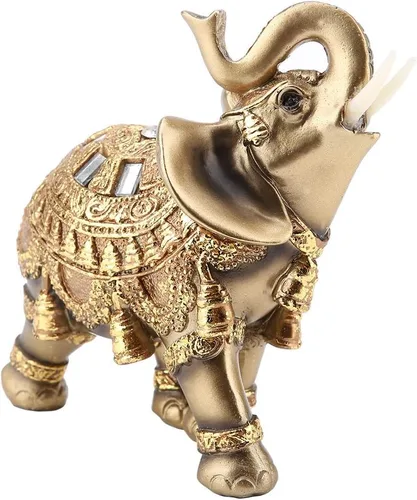 Vista 5 de ZJchao Escultura de elefante dorado, artesanía de la suerte, estatua de elefante dorado de Feng Shui, figura de riqueza para decoración del hogar (L)
