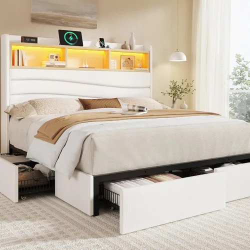 Vista 10 de BRELTAM Base de cama tamaño Queen con 6 cajones de almacenamiento, plataforma tapizada de lino con estación de carga y luces LED, diseño de cabecera