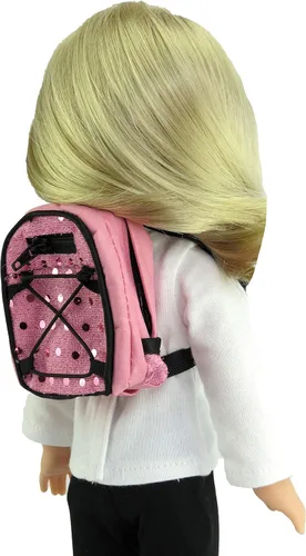 Vista 2 de American Fashion World Mochila escolar de lentejuelas rosas para muñecas de 14 pulgadas Calidad premium y diseño moderno Accesorios para muñecas