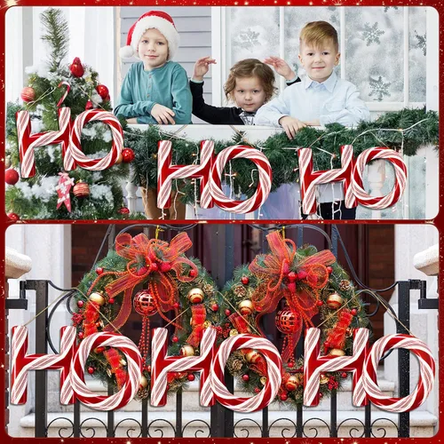 Vista 7 de Ho Ho Ho - 3 adornos para árbol de Navidad de 13.8 pulgadas con costuras de caramelo de menta roja y verde, adorno colgante de Navidad, corona