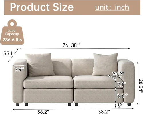 Vista 2 de Guyii Sofá Seccional de Terciopelo, Sofá Loveseat Moderno de Gran Tamaño con 2 Almohadas, Sofá Convertible de 81.88 pulgadas de Largo con Cojines