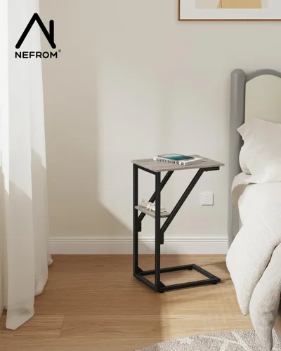 Vista 6 de Juego de 2 mesas auxiliares en forma de C, mesa auxiliar pequeña para sofá, mesa de sofá para sala de estar, dormitorio, mesita de noche ET-D-GY2