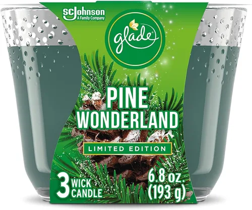 Vista 2 de Glade Vela aromática infundida con aceites esenciales, vela ambientadora, vela de 3 mechas (Pine Wonderland)