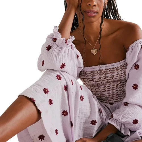 Vista 4 de Vestido largo bohemio con cuello en V profundo y mangas abombadas para mujer, estilo casual, floral, de gasa, escalonado, con vuelo, para fiesta