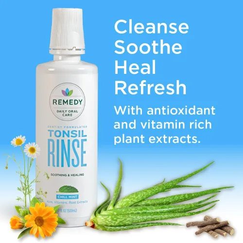 Vista 3 de Remedy Enjuague bucal natural y removedor de piedras amígdalas, alivia y cura las amígdalas, aloe vera, vitaminas, extractos de raíz, libre