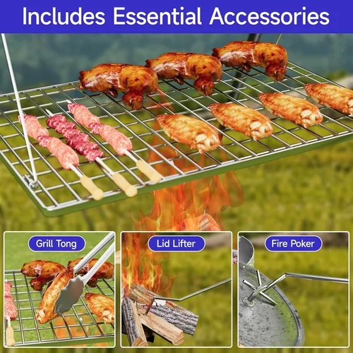 Vista 4 de Bruntmor - Soporte de cocina para fogata, parrilla para utensilios de cocina, horno holandés Bruntmor patas plegables ajustables con ganchos