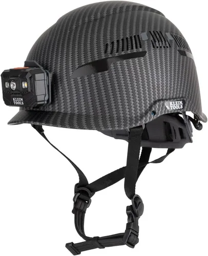 Vista 2 de Casco duro, ala completa ventilada, patrón KARBN premium, lámpara recargable