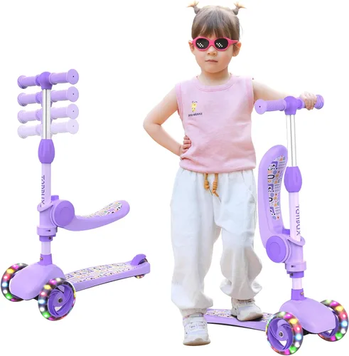 Vista 8 de TONBUX Kids Scooter with Seat, 3 Wheels Scooter with PU Luminous Wheels, Non-Slip Handle and Wide Deck, Sensitive Brakes, 4-Level Adjustable Height