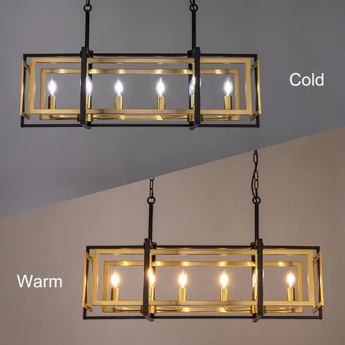 Vista 3 de TOCHIC Lámpara rectangular de 8 luces para isla de cocina, color negro y dorado, moderna lámpara lineal de isla para cocina, isla de cocina
