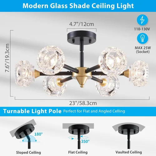 Vista 2 de XINGQI Lámpara de techo moderna de 6 luces, lámpara de montaje semiempotrado Sputnik, lámparas de araña doradas en negro para recámara, comedor