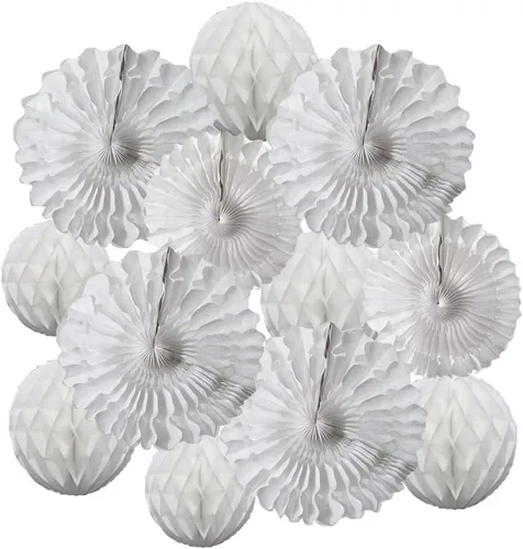 Vista 18 de 12 piezas de bolas de panal de 6 pulgadas y 8 pulgadas, abanicos de papel de seda, abanicos de bolas de panal para fiestas, decoraciones de pared