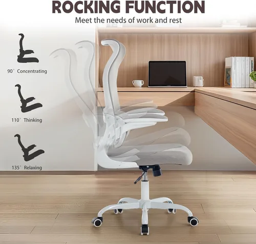Vista 6 de Silla de oficina ergonómica, silla de escritorio de malla transpirable con respaldo alto para computadora con soporte lumbar ajustable y Blanco