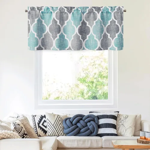 Vista 2 de Beauoop Cortinas marroquíes con cenefa para cocina, cafetería Geométrico Aqua Gris