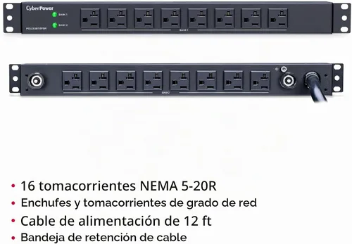 Vista 4 de CyberPower PDU30BT8F8R PDU básica, 100 – 125V/30A (Derado a 24A), 16 tomas, cable de alimentación de 12 pies, montaje en rack 1U