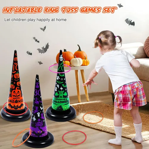 Vista 6 de Juegos de fiesta de Halloween, sombrero de bruja inflable, juegos de lanzamiento de anillos para niños y adultos, familia, juguetes y decoraciones