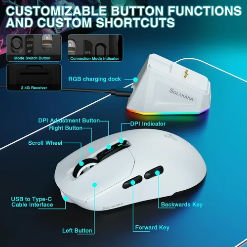 Vista 6 de SOLAKAKA SM820 - Mouse inalámbrico para juegos con base de carga RGB, 24000 DPI Tri-Modos Ratón inalámbrico con 2 botones laterales, mouse macro