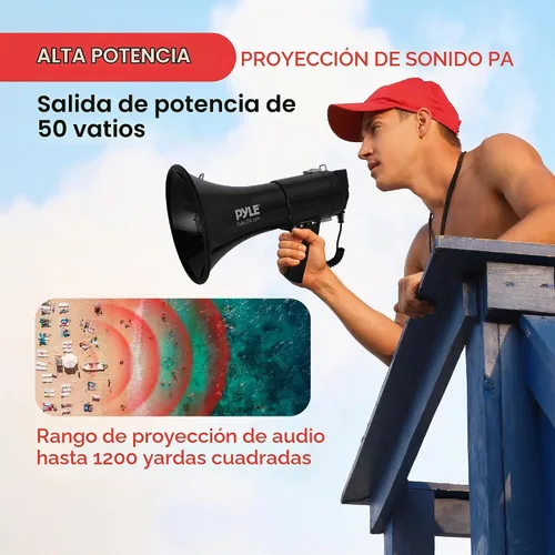 Vista 2 de Pyle 50W Megaphone Bullhorn - Portable, Automatic Siren & Adjustable Volume, Projection Range Up to 1200 Square Yards, Aux Input, Talk, Siren