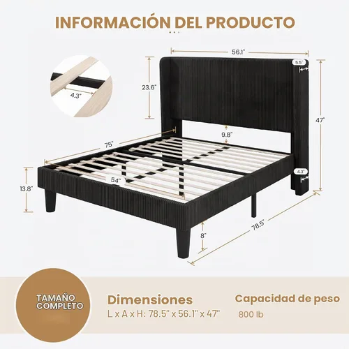 Vista 2 de SHA CERLIN - Base de cama tamaño Full tapizada en pana con plataforma y cabecera acolchada con diseño acanalado vertical estilo wingback, 8