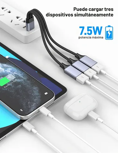 Vista 3 de Divisor USB Y 1 en 3 salidas, USB macho a 3 hembras Cable para PC, tableta, portátil, MacBook, teclado, PS4, PS5, mouse, FlashDrive, LED, etc.