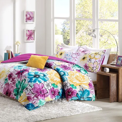 Vista 2 de Juego de edredón de Intelligent Design con diseño floral vibrante, ropa de cama para niñas, juego de funda de almohada combinada, almohada Floral