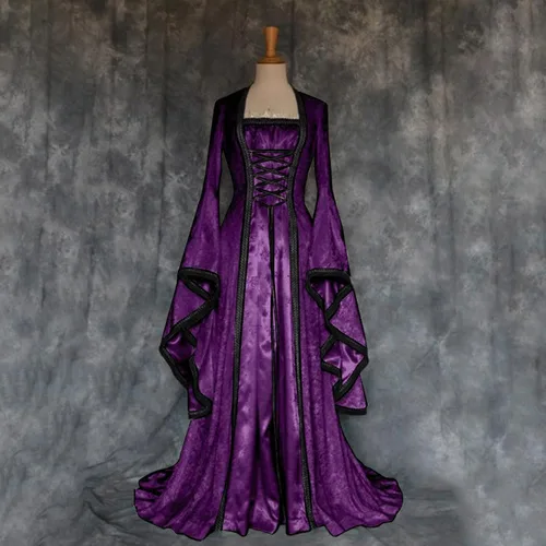 Vista 2 de Vestido renacentista para mujer, disfraz vintage de Halloween, medieval, gótico, victoriano, vestido de fiesta de cosplay, vestido con vuelo
