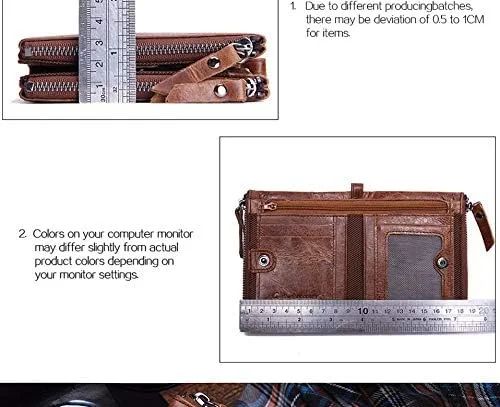 Vista 7 de Cartera corta de cuero para hombre monedero cartera de cuero con doble cremallera funda de identificación