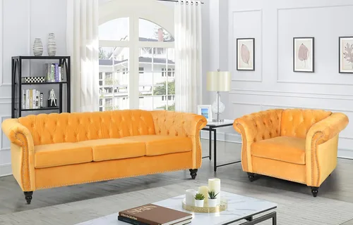 Vista 24 de RARZOE Chesterfield - Juego de sofá biplaza, beige, espuma, 1+2 plazas, 67 pulgadas de ancho x 32 pulgadas de profundidad x 27 pulgadas de alto