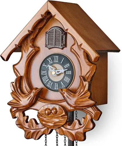 Vista 5 de TIMEGEAR Reloj de cuco con modo nocturno, pájaro cantante y decoraciones de madera tallada (cereza)
