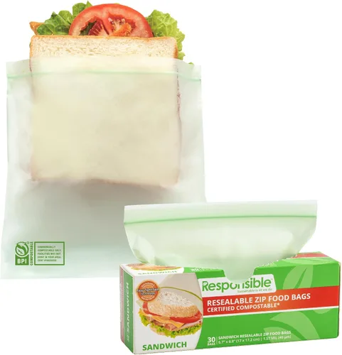 Vista 7 de Responsible Products Bolsa con cremallera resellable de gran galón compostable certificada, bolsas de alimentos extra resistentes, hechas