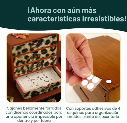 Vista 7 de Organizador de escritorio de madera con estampado de leopardo clásico - Almacenamiento de escritorio de 4 cajones - Gabinete de madera rústico