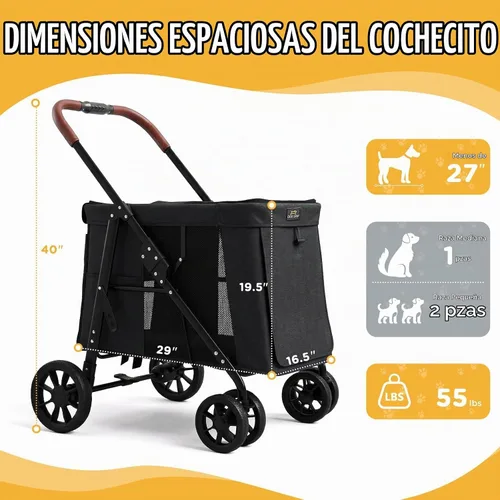 Vista 2 de CANINE CANYON Scout - Cochecito para mascotas, diseño de 4 ruedas para perros pequeños/medianos, plegable con un botón, ventanas y persianas de Negro