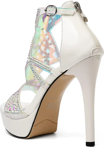 Vista 5 de Eldof Sandalias de tacón alto para mujer, sandalias de plataforma con tiras y puntera abierta, tacones de gladiador recortados con piedras