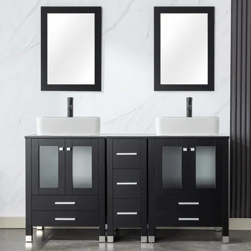 Vista 18 de LUCKWIND 60" Double 24" Bathroom Vanity with Sink Combo, Elegant Series with One 12.6-in Side Cabinet, Painted Frame, Including Tempered Glass Round