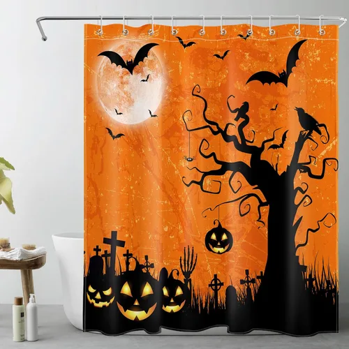 Vista 18 de EOBTAIN Cortina de ducha de cielo nocturno azul de Halloween para baño, espeluznante calabaza y murciélago en árbol muerto en cementerio aterrador