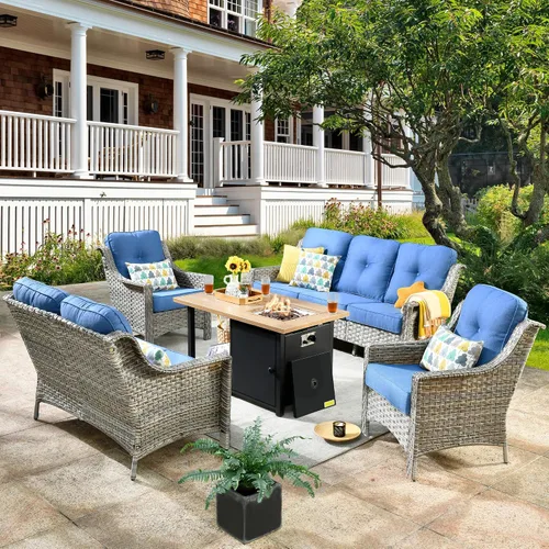 Vista 50 de HOOOWOOO Sofá de patio de 3 plazas de mimbre para exteriores, resistente a todo tipo de clima, con respaldo alto, muebles a juego (beige y bronceado)