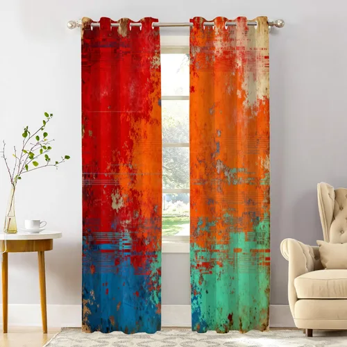 Vista 132 de Shrahala Beige and Orange Abstract Art Brushstrokes Blackout Curtain Tiers, Abstract Oil Paint Kitchen Valance Light Blocking Tier Drapes with Rod