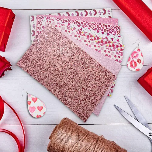 Vista 3 de Hying 8 hojas de cuero sintético rosa de San Valentín para manualidades, hoja de cuero sintético con purpurina de 8 x 13 pulgadas, hojas de tela