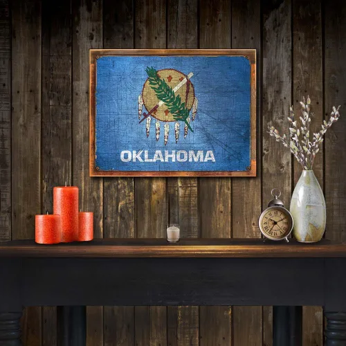 Vista 2 de Letrero de metal con bandera del estado de Oklahoma con marco de madera, Americana, RusticDecor en madera reciclada, rústica