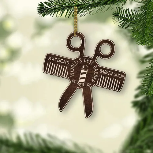 Vista 4 de Adorno de peluquero personalizado, decoración de peluquería para peluquería, el mejor adorno de peluquero del mundo, adorno de Navidad de poste