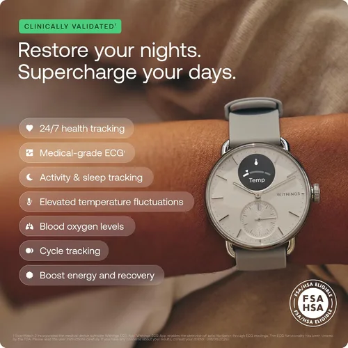 Vista 4 de WITHINGS ScanWatch 2 - Hybrid Smart Watch, Heart Rate Monitoring, Fitness Tracker, Cycle Tracker, Sleep Monitoring, GPS Tracker, 30-Day Battery