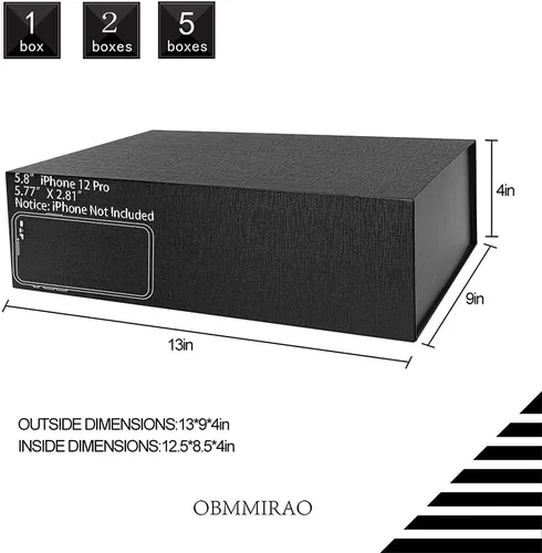 Vista 3 de 1 caja de regalo grande dura negra de 13 x 9 x 4 pulgadas con tapa, cajas de regalo magnéticas plegables, caja de padrino de boda, propuesta de dama
