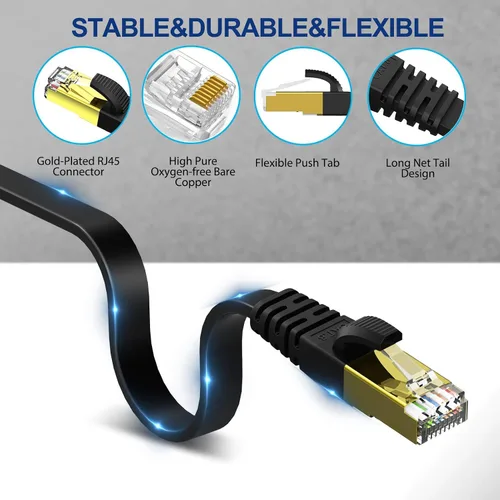 Vista 4 de KASIMO Cable Ethernet plano Cat 8 de 1 pie, cable de red LAN de Internet plano de alta velocidad Cat8 de 40 Gbps 2000 MHz SSTP con conector RJ45
