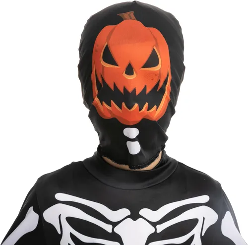 Vista 6 de Spooktacular Creations Disfraz de esqueleto de Halloween con cabeza de calabaza para niños, la máscara de calabaza para juegos de rol