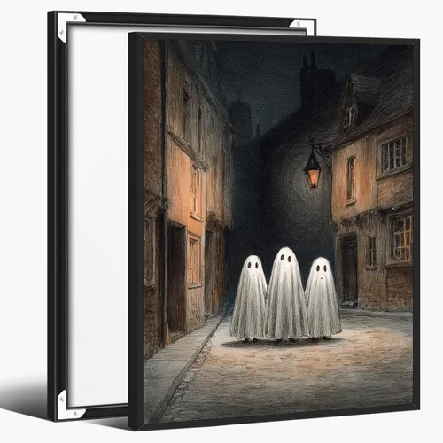 Vista 21 de Bonito arte de pared de gato negro de Halloween, divertido póster de lienzo de luna llena con ojos amarillos y cita de Feliz Halloween