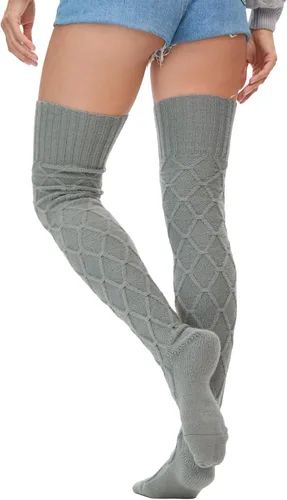 Vista 6 de YELAIVP Calcetines altos de punto trenzado para mujer, calcetines por encima de la rodilla, calentadores de piernas extra largos