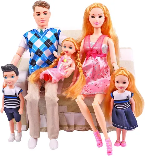 Vista 3 de UCanaan Juego de 6 muñecas familiares con papá, mamá embarazada, 3 niños y bebé en la barriga de mamá y 70 accesorios para educación y regalo