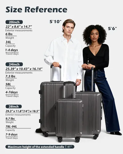 Vista 3 de Coolife Maleta Expandible PC+ABS Juego de 3 piezas con cerradura TSA Spinner 20in24in28in, plateado